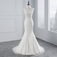 Elegant Sleeveless Long Mermaid Jewel Wedding Dress in Luxury Tulle with Appliques Lace