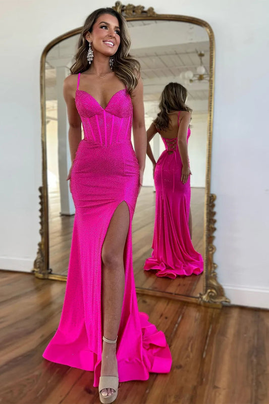 Sparkly Fuchsia Prom Dress Spaghetti Straps Lace Up Long Beaded With Slit