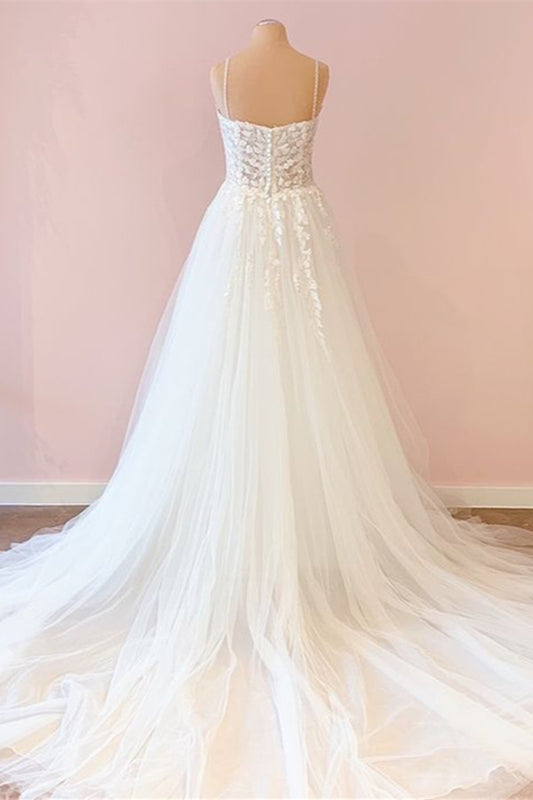 Sweetheart A-Line Wedding Dress with Spaghetti Straps and Lace Appliques in Simple Tulle