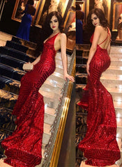 Charming Red Seuqins V-Neck Prom Dresses Mermaid Sleeveless