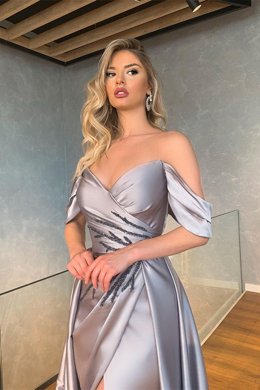 Stunning Silver Off-the-Shoulder Prom Dress Mermaid With Slit