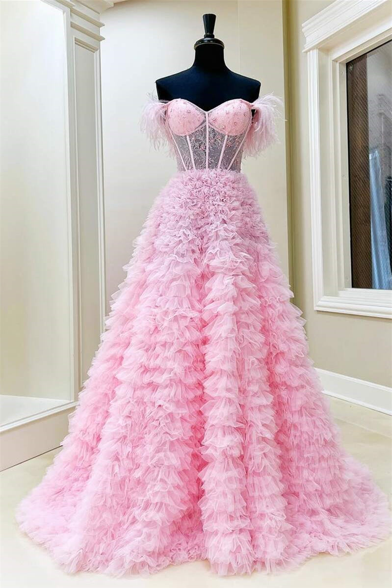 Off-the-Shoulder Pink Prom Dress Feather With Tulle Split