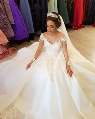 A-line Off-the-shoulder Wedding Dress with Elegant Long Sleeves and Appliques
