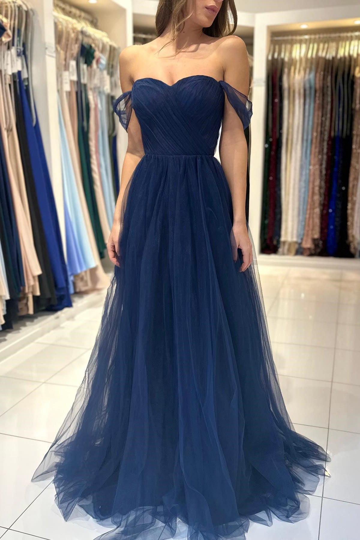 Modern Dark Navy Off-The-Shoulder Sweetheart A-Line Prom Dress Tulle