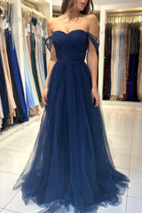 Modern Dark Navy Off-The-Shoulder Sweetheart A-Line Prom Dress Tulle