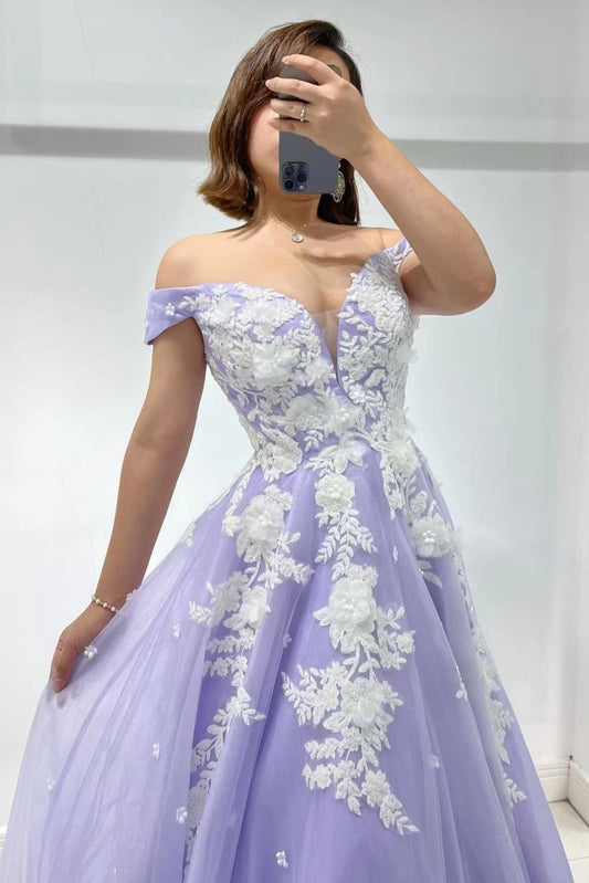 Amazing Lilac Sweetheart Off-the-Shoulder Tulle Evening Dress with Appliques