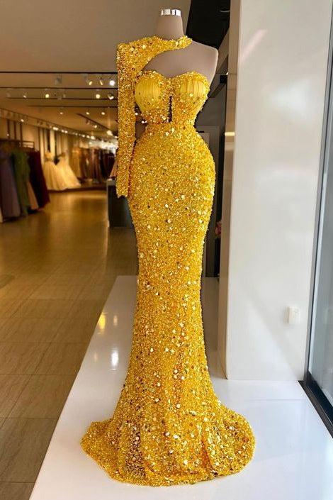 Glamorous One Shoulder Long Sleeves Mermaid Prom Dress With Sequins Beads