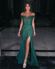 Amazing Green Lace Off-the-Shoulder Prom Dress Long With Slit