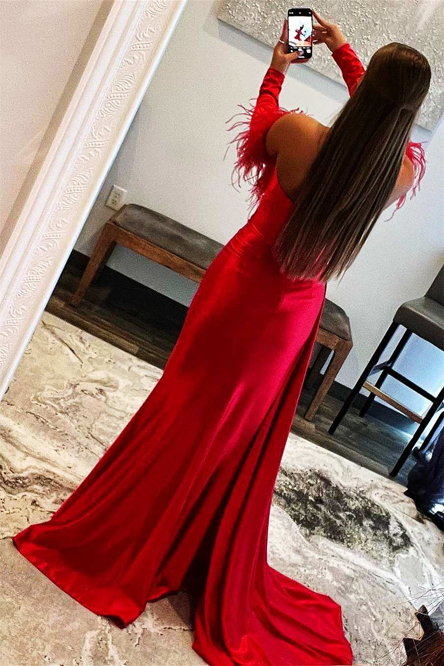 Red Sweetheart Prom Dress Mermaid SPlit WIth Detachable Sleeves Feather