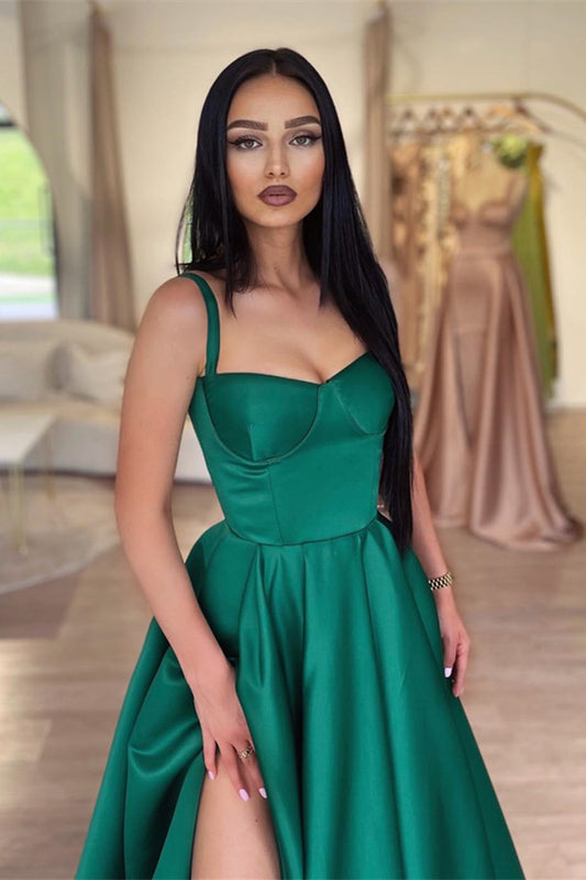 Modern Dark Green Straps Prom Dress Slit Long Online