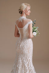 Elegant High-neck Long Lace Mermaid Wedding Dress With Sleeves