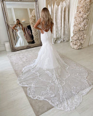 Elegant Long Mermaid Wedding Gown with Satin Backless Design and Spaghetti-Straps Lace