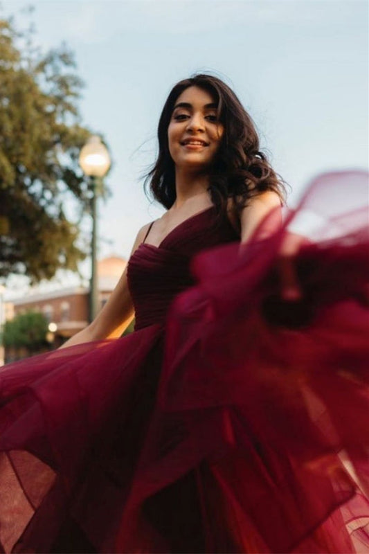 Burgundy Spaghetti-Straps Prom Dress Ruffles