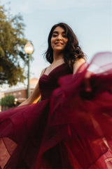 Burgundy Spaghetti-Straps Prom Dress Ruffles