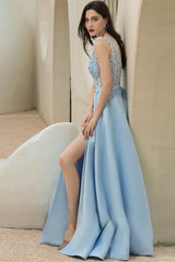 New Arrival Sky Blue Sleeveless V-Neck Prom Dress Long With Lace Appliques Split