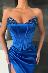 Gorgeous Royal Blue Mermaid Prom Dress Split With Sequins