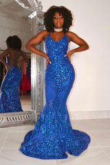Classy Spaghetti-Straps V-Neck Sleeveless Prom Dress Mermaid Sequins Long