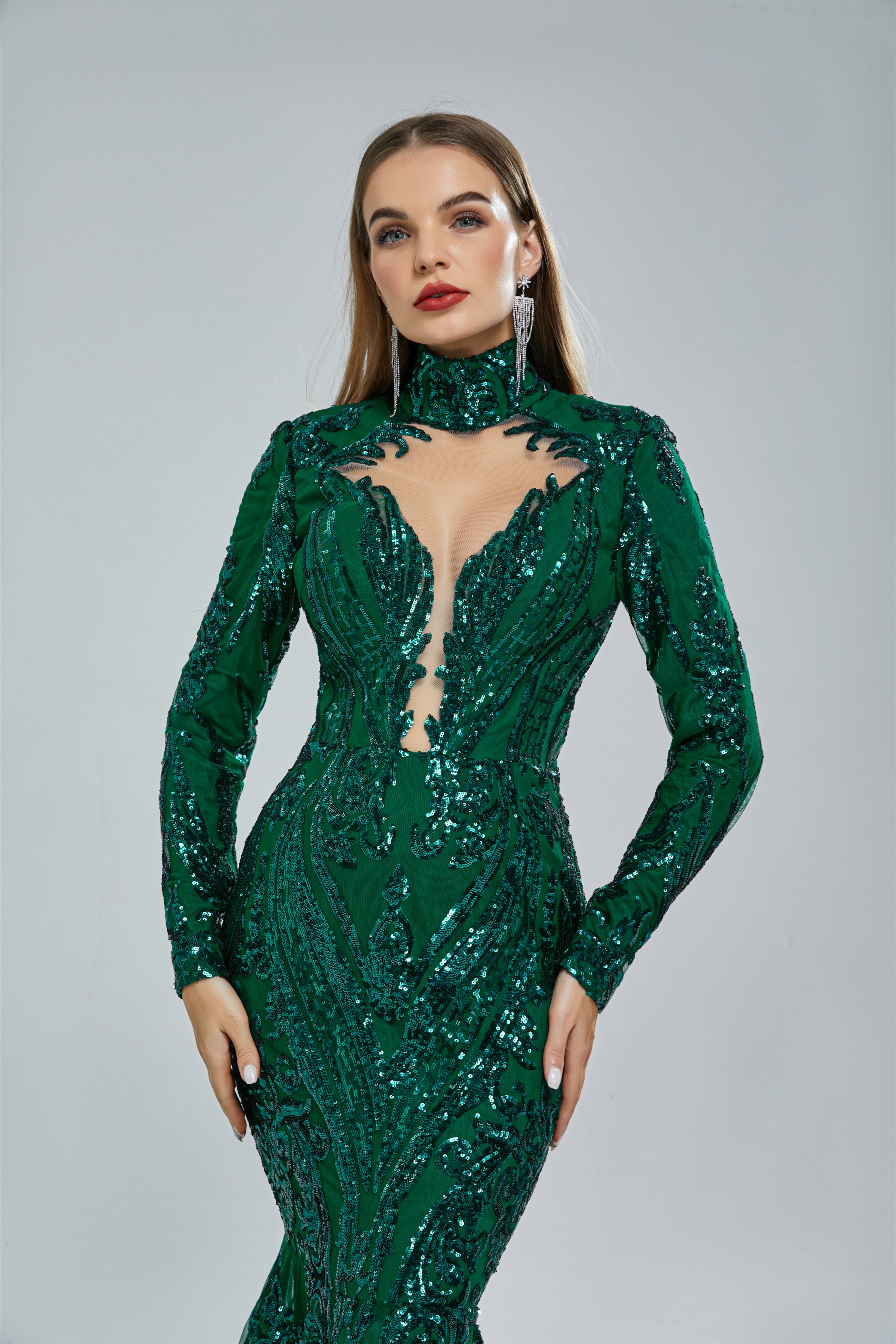 Gorgeous Long Sleeves Emerald Green Prom Dress Mermaid Sequins Long