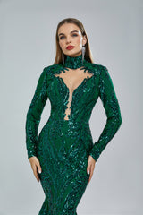 Gorgeous Long Sleeves Emerald Green Prom Dress Mermaid Sequins Long
