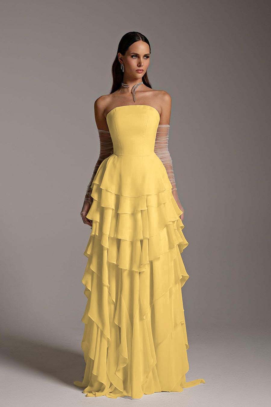 Charming Strapless Sleeveless Square Ruffles Long Prom Dress With Gloves