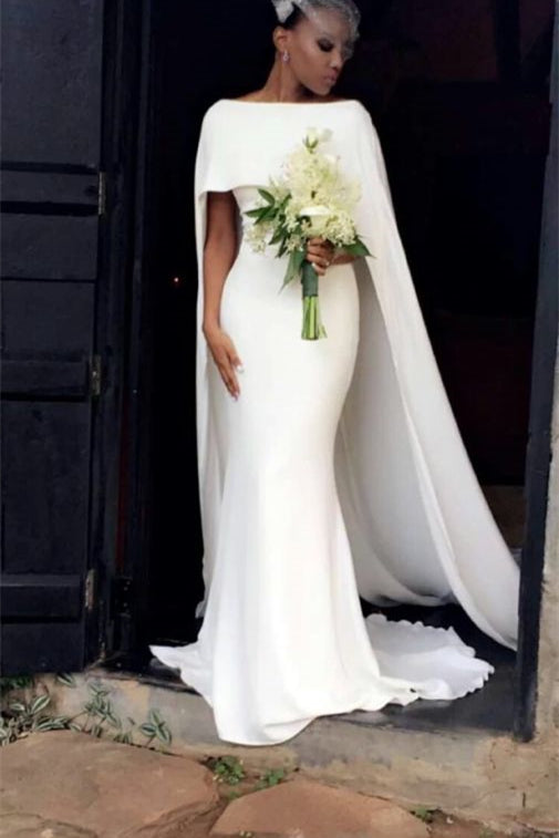 Ivory Summer Wedding Dress with Mermaid Silhouette and Cape
