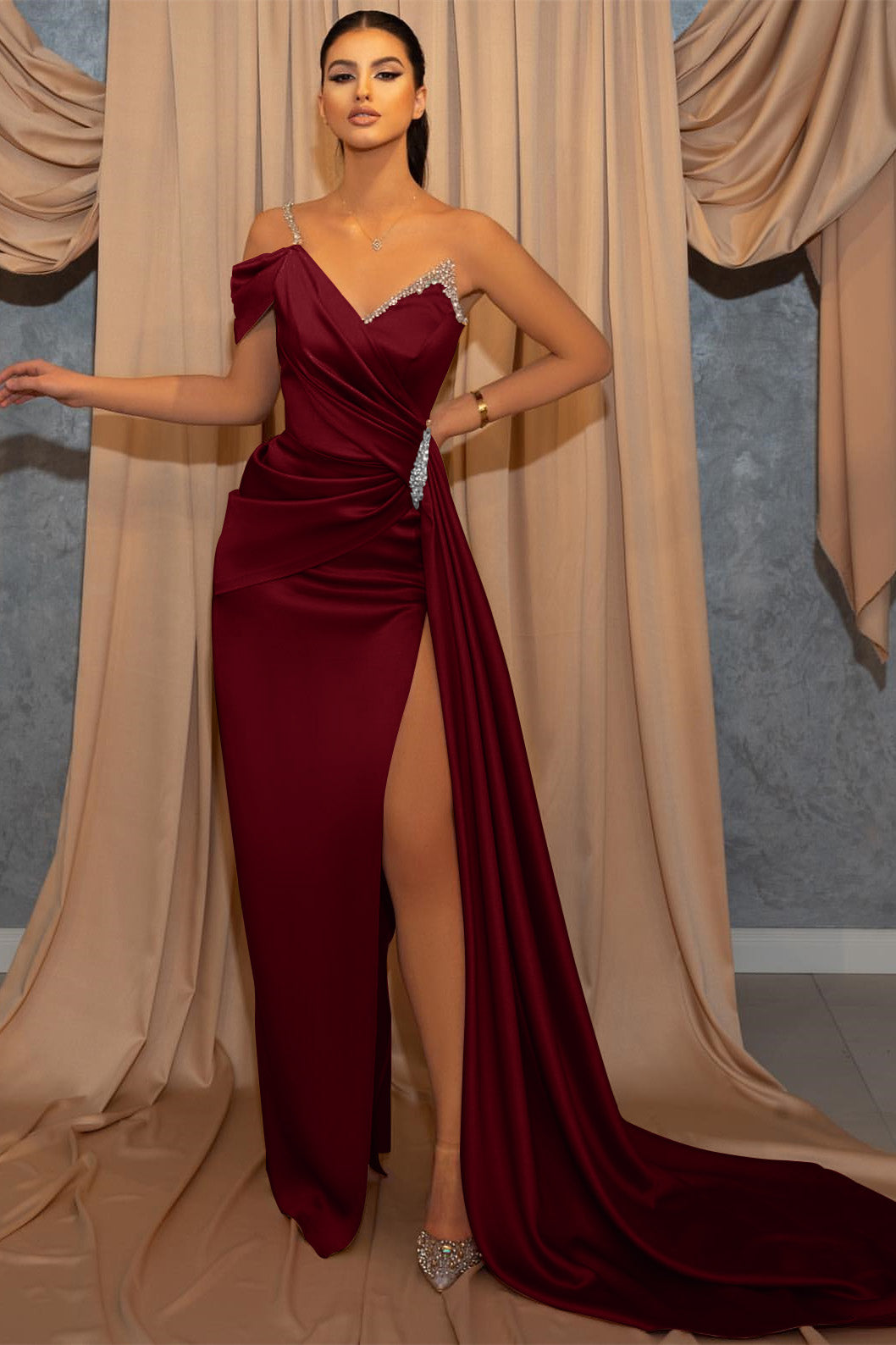 One Shoulder V-Neck Spaghetti-Straps Beads Mermaid Slit Prom Dress with Ruffles