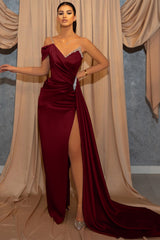 One Shoulder V-Neck Spaghetti-Straps Beads Mermaid Slit Prom Dress with Ruffles