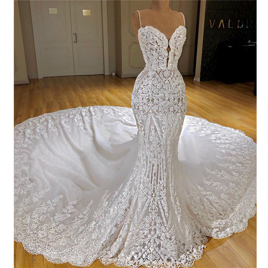 Mermaid Wedding Dress with Appliques and Lace Spaghetti Straps