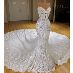 Mermaid Wedding Dress with Appliques and Lace Spaghetti Straps