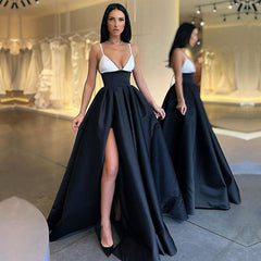 Black and White Spaghetti-Straps Prom Dress With Slit