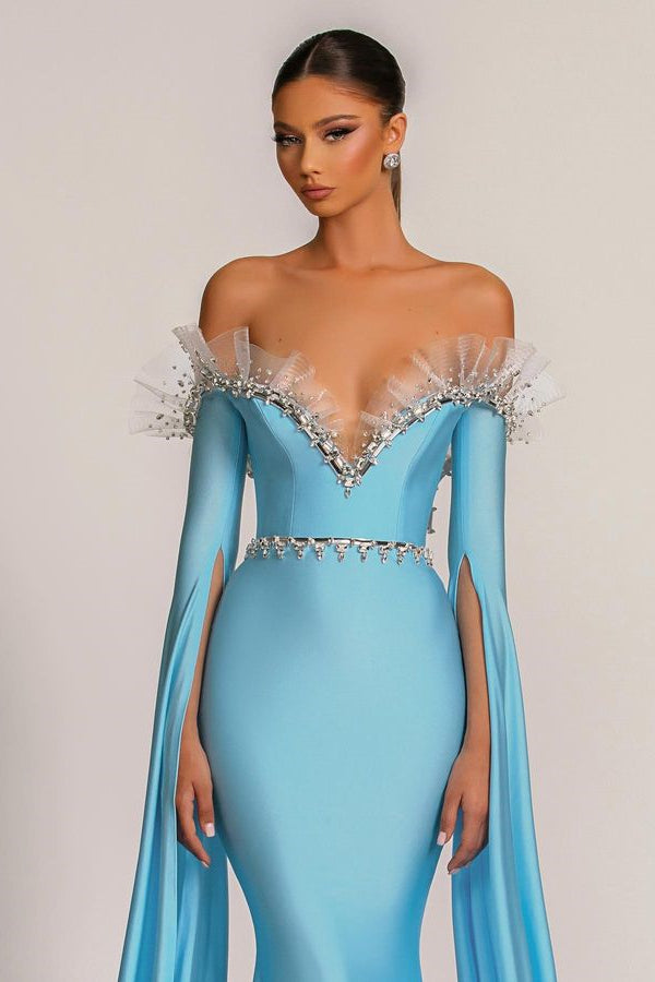 Stunning Blue Ruffle Long Sleeves Prom Dresses Mermaid Off-the-Shoulder With Beads
