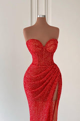 Modern Red Sweetheart Mermaid Prom Dress Sequins Long With Slit