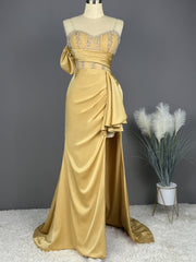 Elegant Spaghetti Straps Split Mermaid Prom Dress Long Pleated Sleeveless Evening Gown with Beading Sequins
