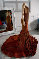 Modern Burnt Orange Sleeveless Prom Dress Mermaid Long With Beadings