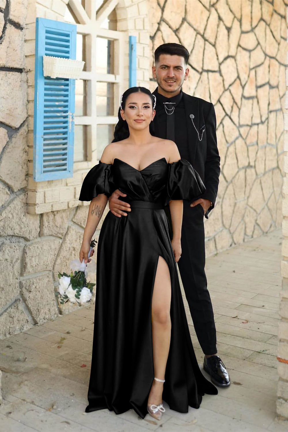 Dusty Blue Sweetheart Off-the-Shoulder Puff Sleeves Evening Dress with Front Split