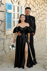 Dusty Blue Sweetheart Off-the-Shoulder Puff Sleeves Evening Dress with Front Split