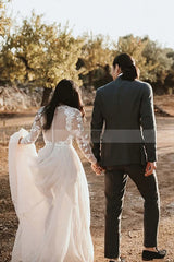 Elegant Scoop Neck A-line Wedding Gown with Long Lace Sleeves and Sweep Train