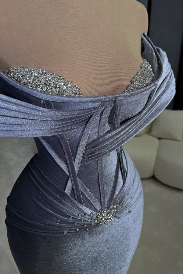 Dusty Blue Off-the-Shoulder Prom Dress Velvet Mermaid Sleeveless with Beads