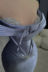 Dusty Blue Off-the-Shoulder Prom Dress Velvet Mermaid Sleeveless with Beads