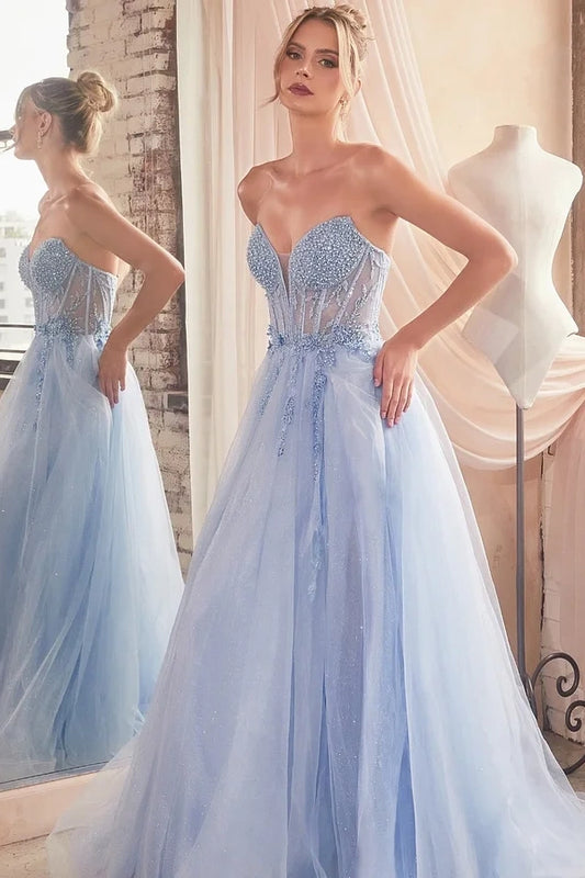 Baby Blue Sleeveless V-Neck Beads A-Line Prom Dress