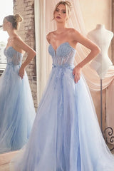 Baby Blue Sleeveless V-Neck Beads A-Line Prom Dress