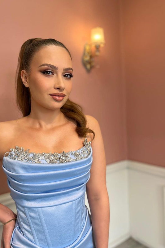 Stunning Sky Blue Strapless Prom Dresses Mermaid Pleats Ruffles With Beads Slit