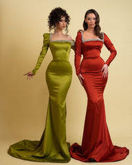 Burgundy Prom Dress Charmeuse Long Sleeves Mermaid With Beadings