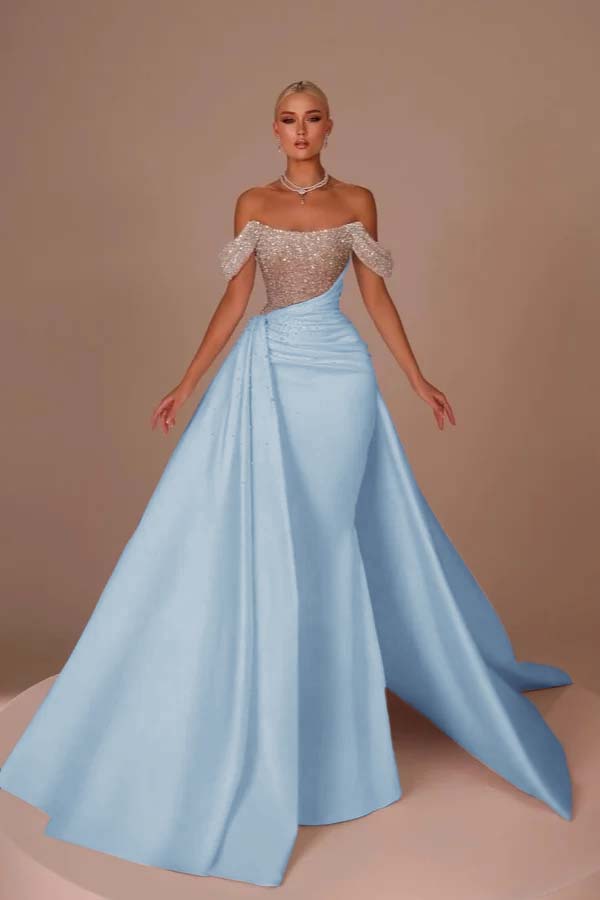 White Off-the-Shoulder Sequins Long Prom Dress Sleeveless with Beads