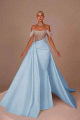 White Off-the-Shoulder Sequins Long Prom Dress Sleeveless with Beads