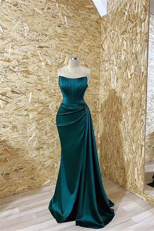 Gorgeous Dark Green Strapless Long Mermaid Prom Dress with Pleats Ruffles