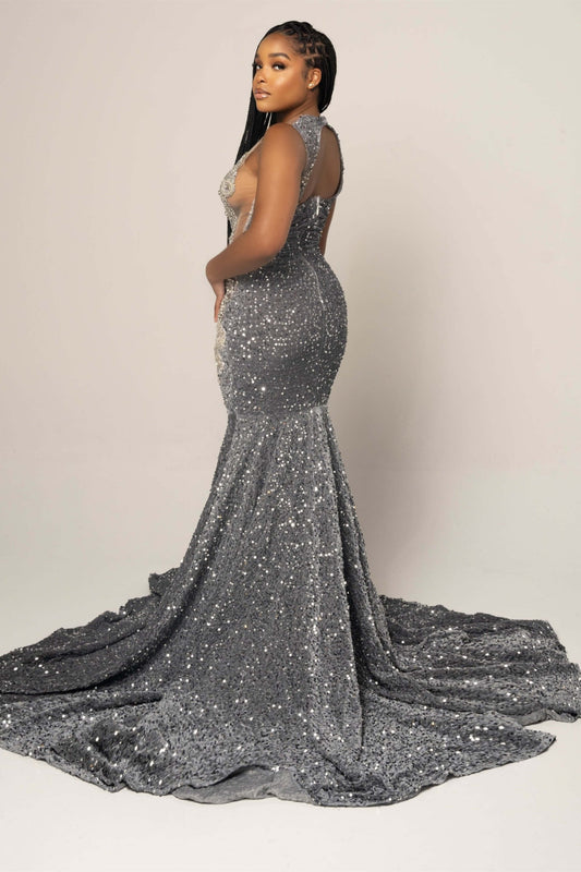 Stunning Silver Grey Mermaid Sequins Prom Dress Scoop Sleeveless On Sale