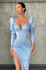 Elegant Long Sleevess V-Neck Mermaid Prom Dress With Slit