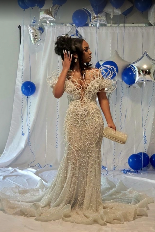 Stunning Off-the-Shoulder Sequins Mermaid Prom Dress With Pearls Long
