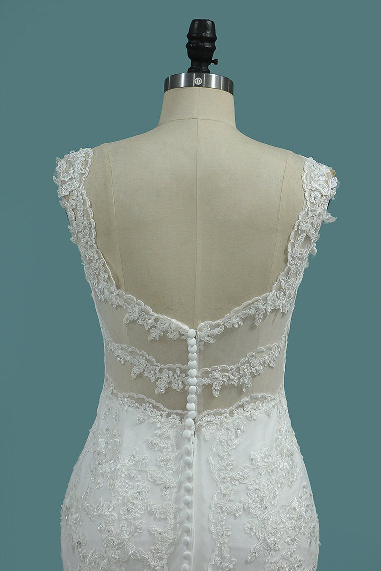 Elegant V-neck Mermaid Wedding Gown with Floor-length Lace Appliques and Wide Straps